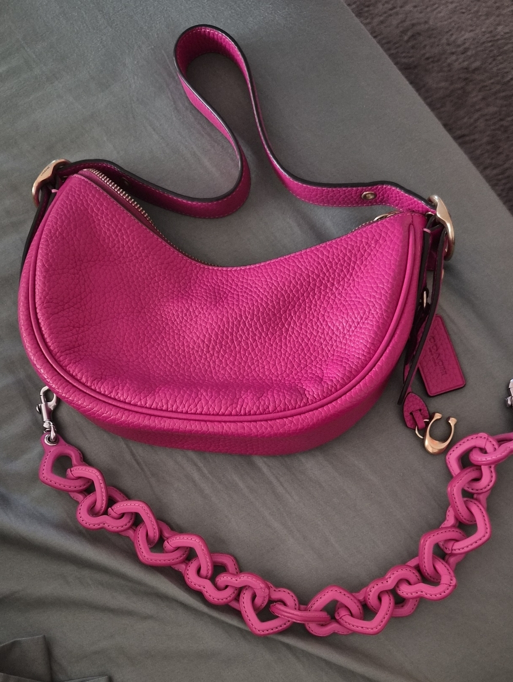 Coach Luna Hot Pink Pebbled Leather Shoulder Bag with Chain Strap